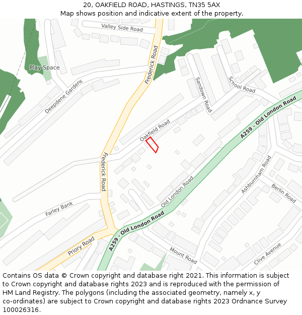 20, OAKFIELD ROAD, HASTINGS, TN35 5AX: Location map and indicative extent of plot
