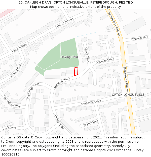 20, OAKLEIGH DRIVE, ORTON LONGUEVILLE, PETERBOROUGH, PE2 7BD: Location map and indicative extent of plot