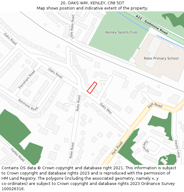 20, OAKS WAY, KENLEY, CR8 5DT: Location map and indicative extent of plot