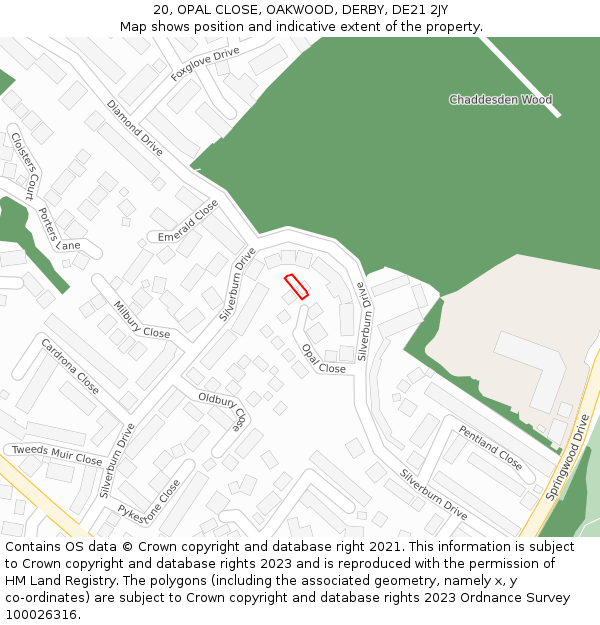 20, OPAL CLOSE, OAKWOOD, DERBY, DE21 2JY: Location map and indicative extent of plot