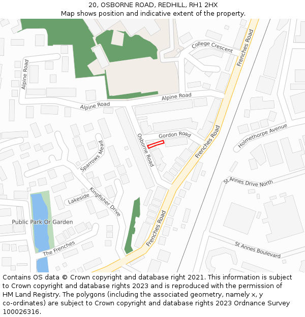 20, OSBORNE ROAD, REDHILL, RH1 2HX: Location map and indicative extent of plot