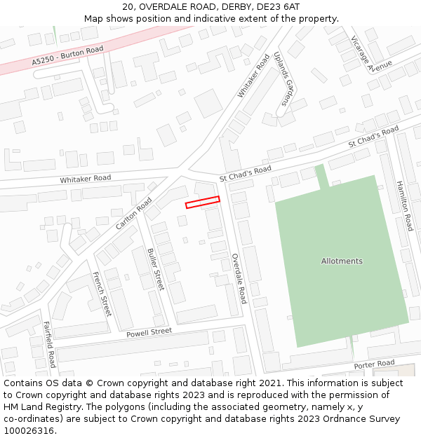 20, OVERDALE ROAD, DERBY, DE23 6AT: Location map and indicative extent of plot