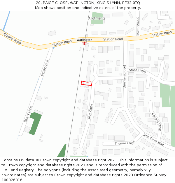20, PAIGE CLOSE, WATLINGTON, KING'S LYNN, PE33 0TQ: Location map and indicative extent of plot