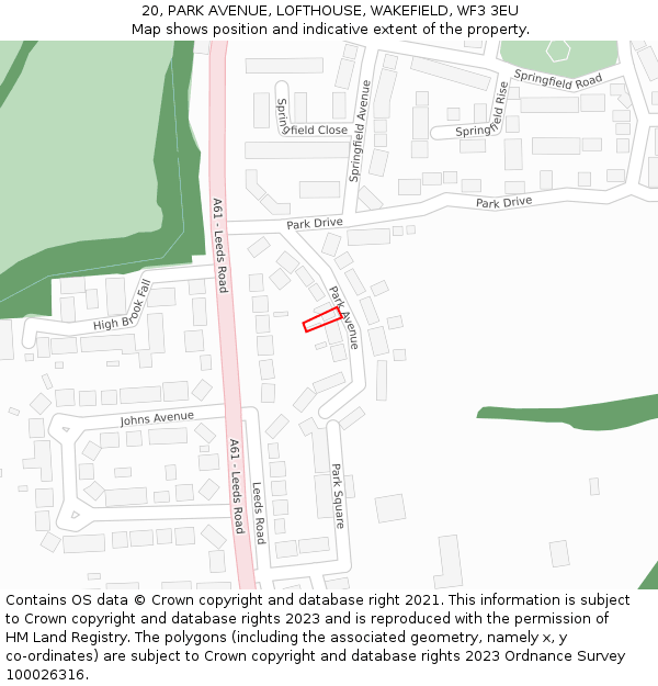 20, PARK AVENUE, LOFTHOUSE, WAKEFIELD, WF3 3EU: Location map and indicative extent of plot