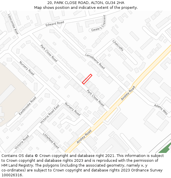 20, PARK CLOSE ROAD, ALTON, GU34 2HA: Location map and indicative extent of plot