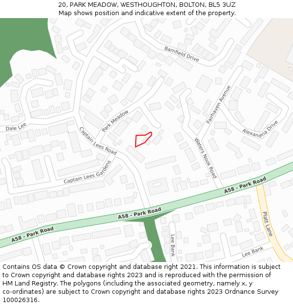 20, PARK MEADOW, WESTHOUGHTON, BOLTON, BL5 3UZ: Location map and indicative extent of plot