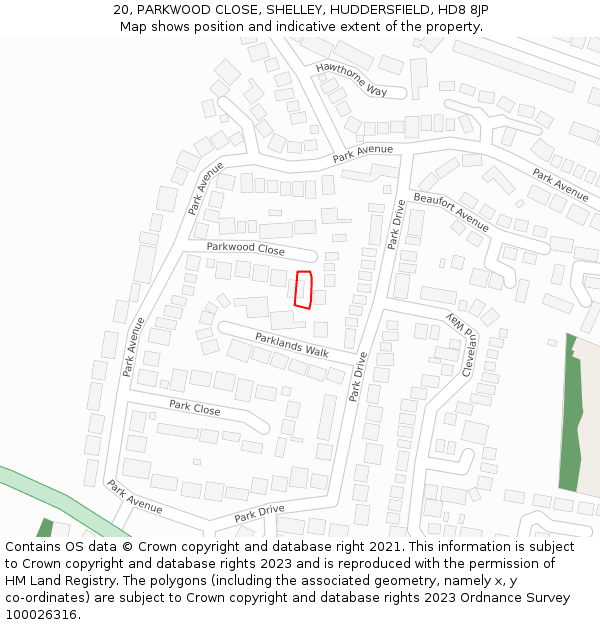 20, PARKWOOD CLOSE, SHELLEY, HUDDERSFIELD, HD8 8JP: Location map and indicative extent of plot