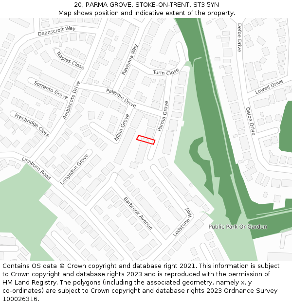 20, PARMA GROVE, STOKE-ON-TRENT, ST3 5YN: Location map and indicative extent of plot