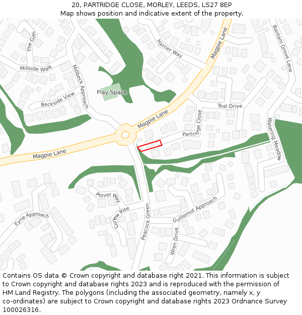 20, PARTRIDGE CLOSE, MORLEY, LEEDS, LS27 8EP: Location map and indicative extent of plot