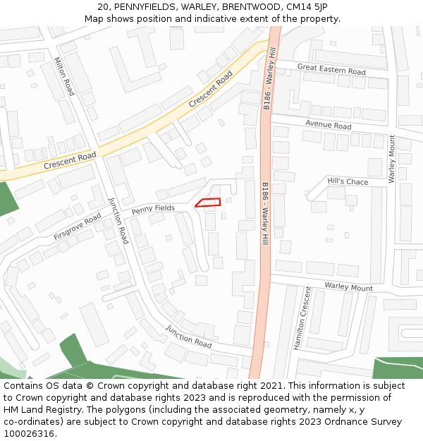 20, PENNYFIELDS, WARLEY, BRENTWOOD, CM14 5JP: Location map and indicative extent of plot