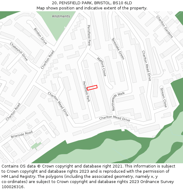 20, PENSFIELD PARK, BRISTOL, BS10 6LD: Location map and indicative extent of plot