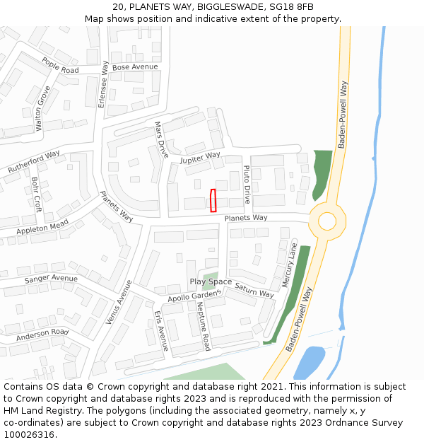 20, PLANETS WAY, BIGGLESWADE, SG18 8FB: Location map and indicative extent of plot