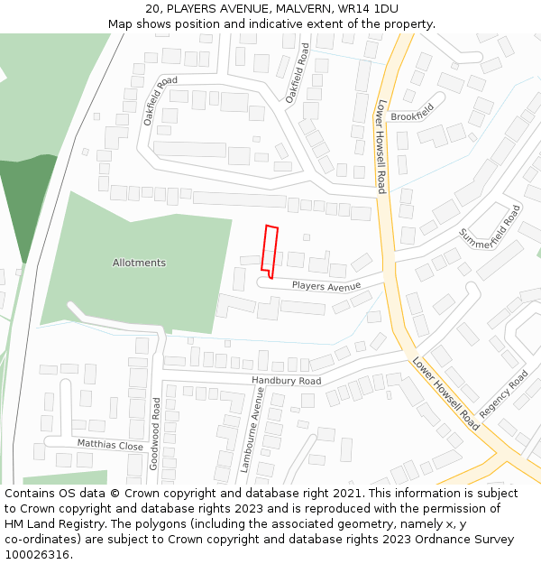 20, PLAYERS AVENUE, MALVERN, WR14 1DU: Location map and indicative extent of plot