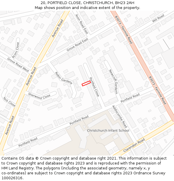 20, PORTFIELD CLOSE, CHRISTCHURCH, BH23 2AH: Location map and indicative extent of plot