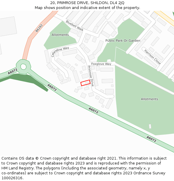 20, PRIMROSE DRIVE, SHILDON, DL4 2JQ: Location map and indicative extent of plot