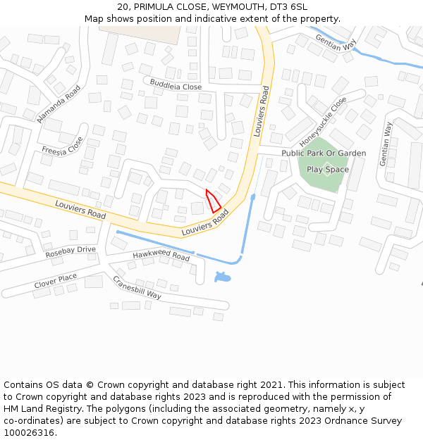 20, PRIMULA CLOSE, WEYMOUTH, DT3 6SL: Location map and indicative extent of plot