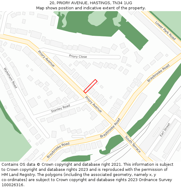 20, PRIORY AVENUE, HASTINGS, TN34 1UG: Location map and indicative extent of plot