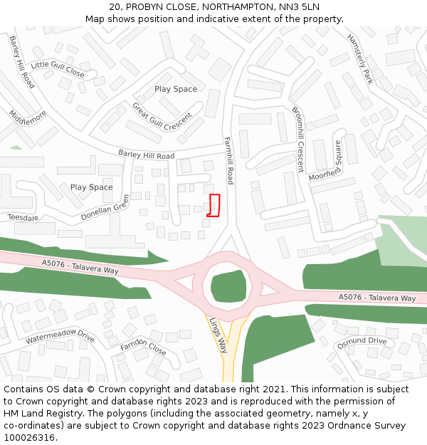20, PROBYN CLOSE, NORTHAMPTON, NN3 5LN: Location map and indicative extent of plot