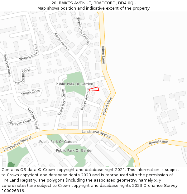 20, RAIKES AVENUE, BRADFORD, BD4 0QU: Location map and indicative extent of plot