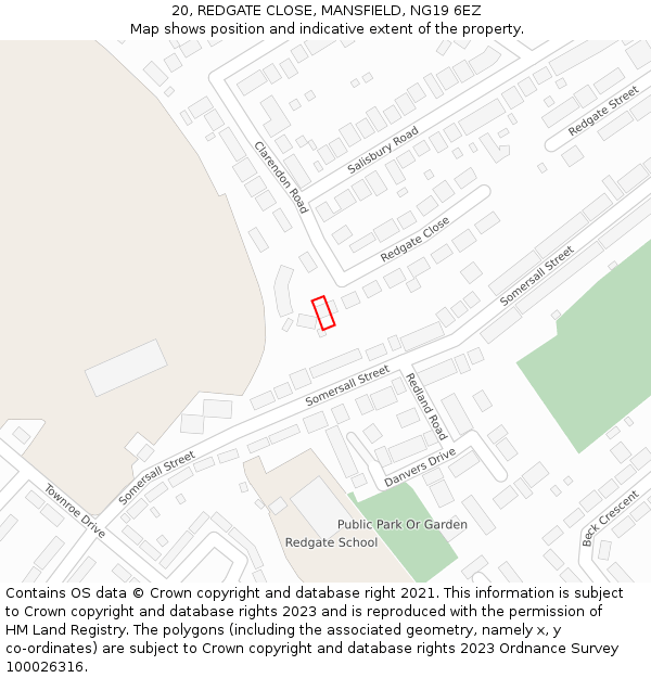 20, REDGATE CLOSE, MANSFIELD, NG19 6EZ: Location map and indicative extent of plot
