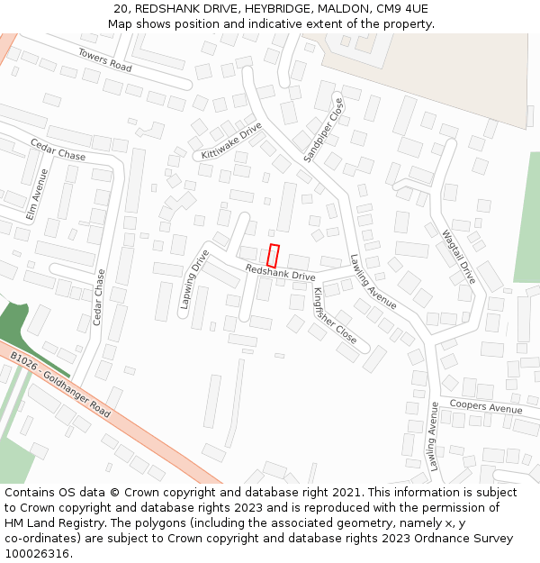 20, REDSHANK DRIVE, HEYBRIDGE, MALDON, CM9 4UE: Location map and indicative extent of plot