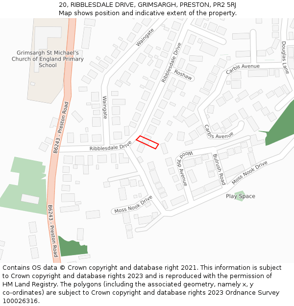20, RIBBLESDALE DRIVE, GRIMSARGH, PRESTON, PR2 5RJ: Location map and indicative extent of plot