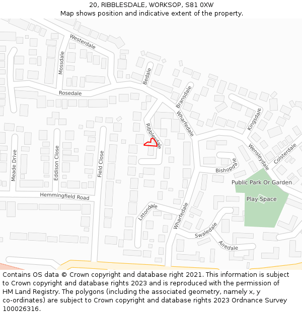 20, RIBBLESDALE, WORKSOP, S81 0XW: Location map and indicative extent of plot