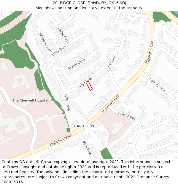 20, RIDGE CLOSE, BANBURY, OX16 9BJ: Location map and indicative extent of plot