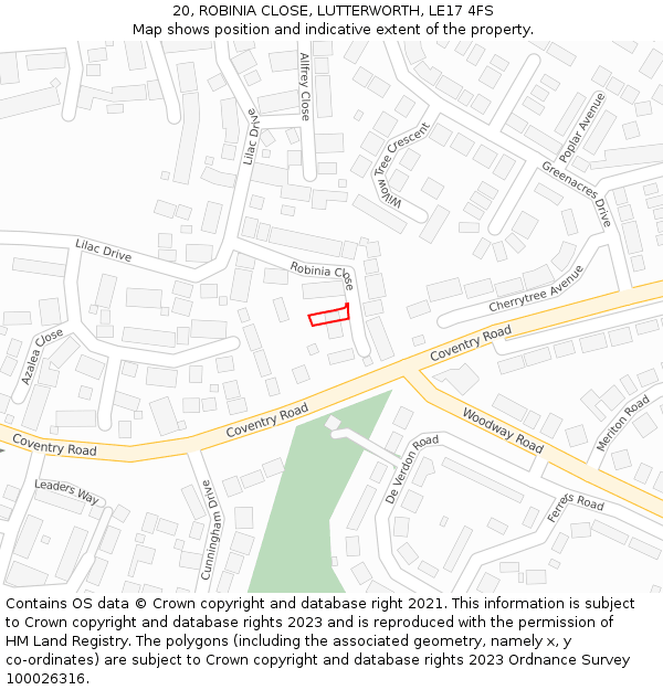 20, ROBINIA CLOSE, LUTTERWORTH, LE17 4FS: Location map and indicative extent of plot