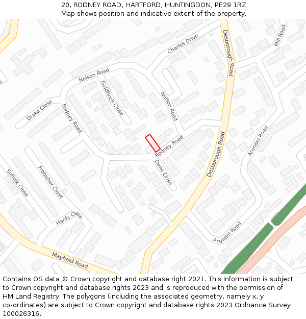 20, RODNEY ROAD, HARTFORD, HUNTINGDON, PE29 1RZ: Location map and indicative extent of plot