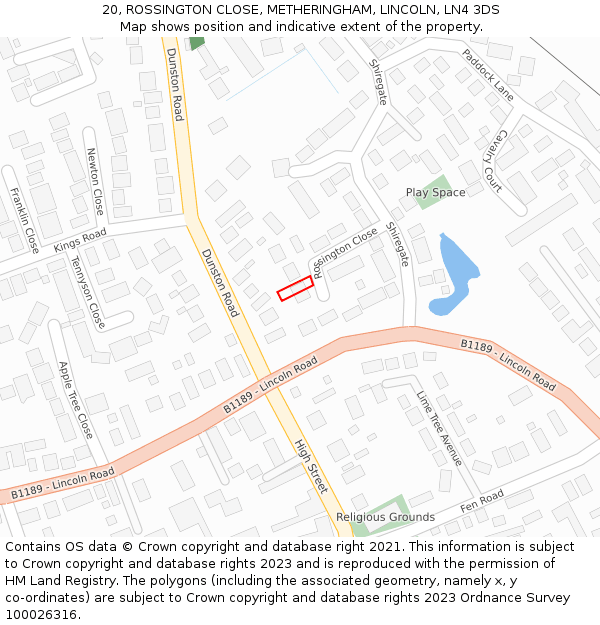20, ROSSINGTON CLOSE, METHERINGHAM, LINCOLN, LN4 3DS: Location map and indicative extent of plot