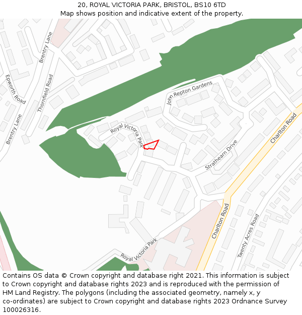 20, ROYAL VICTORIA PARK, BRISTOL, BS10 6TD: Location map and indicative extent of plot