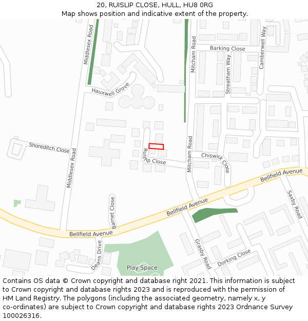 20, RUISLIP CLOSE, HULL, HU8 0RG: Location map and indicative extent of plot