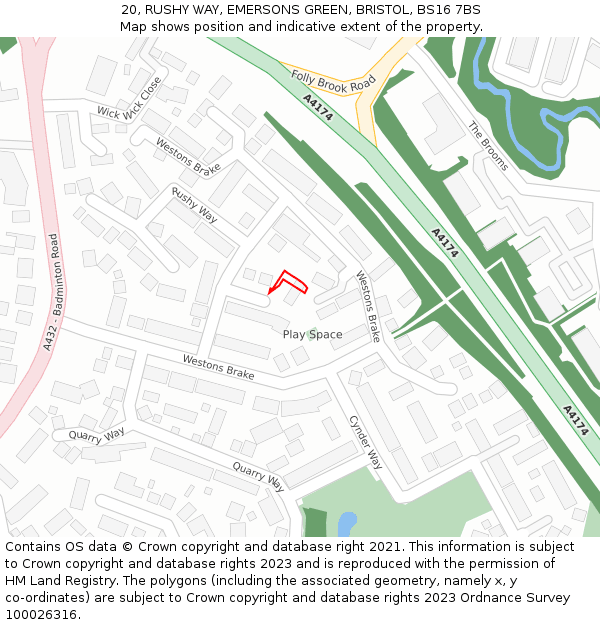 20, RUSHY WAY, EMERSONS GREEN, BRISTOL, BS16 7BS: Location map and indicative extent of plot