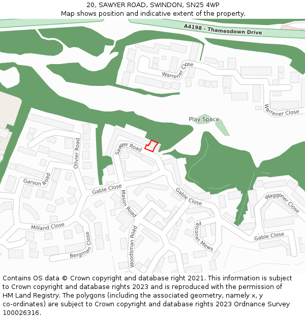 20, SAWYER ROAD, SWINDON, SN25 4WP: Location map and indicative extent of plot