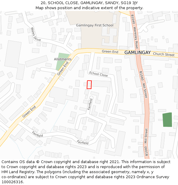 20, SCHOOL CLOSE, GAMLINGAY, SANDY, SG19 3JY: Location map and indicative extent of plot