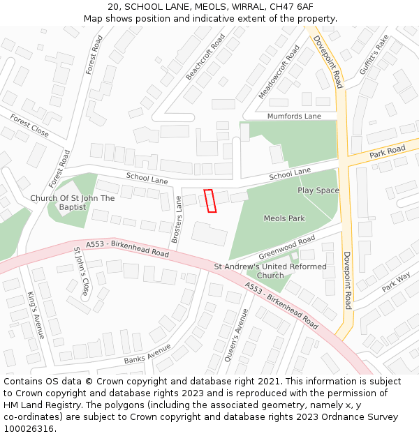 20, SCHOOL LANE, MEOLS, WIRRAL, CH47 6AF: Location map and indicative extent of plot