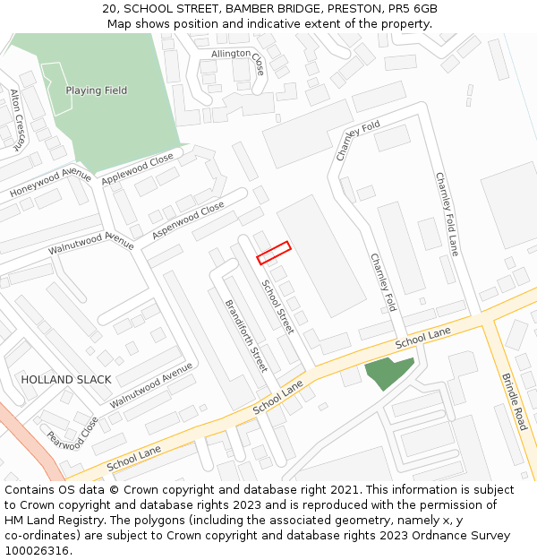 20, SCHOOL STREET, BAMBER BRIDGE, PRESTON, PR5 6GB: Location map and indicative extent of plot
