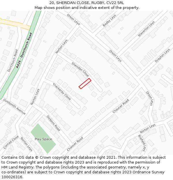 20, SHERIDAN CLOSE, RUGBY, CV22 5RL: Location map and indicative extent of plot
