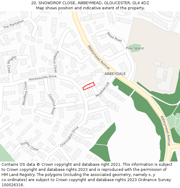 20, SNOWDROP CLOSE, ABBEYMEAD, GLOUCESTER, GL4 4DZ: Location map and indicative extent of plot