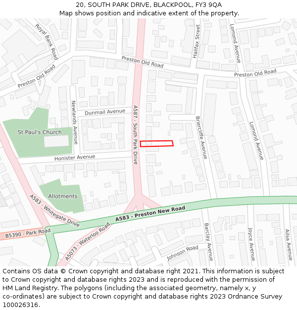 20, SOUTH PARK DRIVE, BLACKPOOL, FY3 9QA: Location map and indicative extent of plot