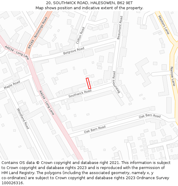 20, SOUTHWICK ROAD, HALESOWEN, B62 9ET: Location map and indicative extent of plot