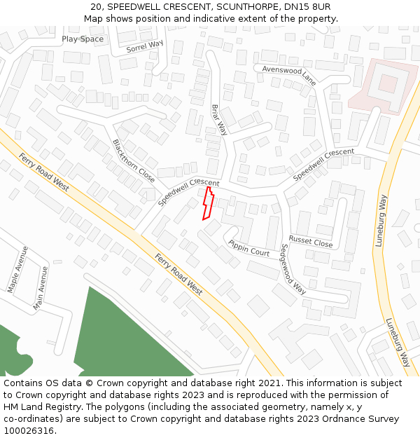 20, SPEEDWELL CRESCENT, SCUNTHORPE, DN15 8UR: Location map and indicative extent of plot