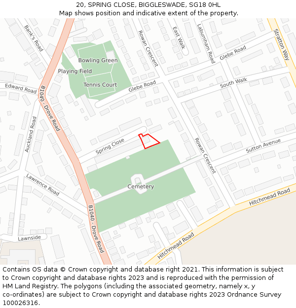 20, SPRING CLOSE, BIGGLESWADE, SG18 0HL: Location map and indicative extent of plot