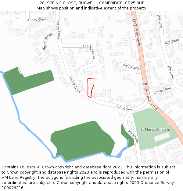 20, SPRING CLOSE, BURWELL, CAMBRIDGE, CB25 0HF: Location map and indicative extent of plot