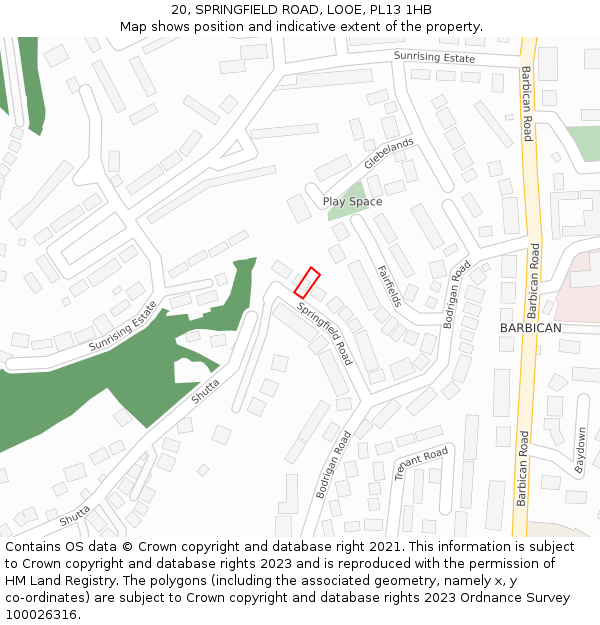 20, SPRINGFIELD ROAD, LOOE, PL13 1HB: Location map and indicative extent of plot