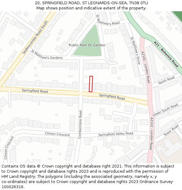 20, SPRINGFIELD ROAD, ST LEONARDS-ON-SEA, TN38 0TU: Location map and indicative extent of plot