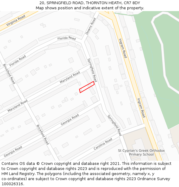 20, SPRINGFIELD ROAD, THORNTON HEATH, CR7 8DY: Location map and indicative extent of plot