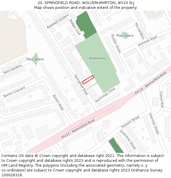20, SPRINGFIELD ROAD, WOLVERHAMPTON, WV10 0LJ: Location map and indicative extent of plot