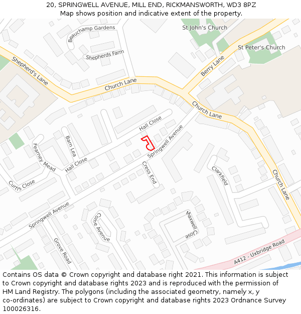 20, SPRINGWELL AVENUE, MILL END, RICKMANSWORTH, WD3 8PZ: Location map and indicative extent of plot